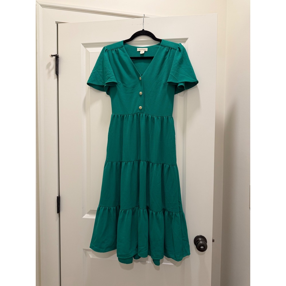 Monteau Los Angeles Emerald Green Tiered Midi Dress V-Neck Flutter Sleeve Small